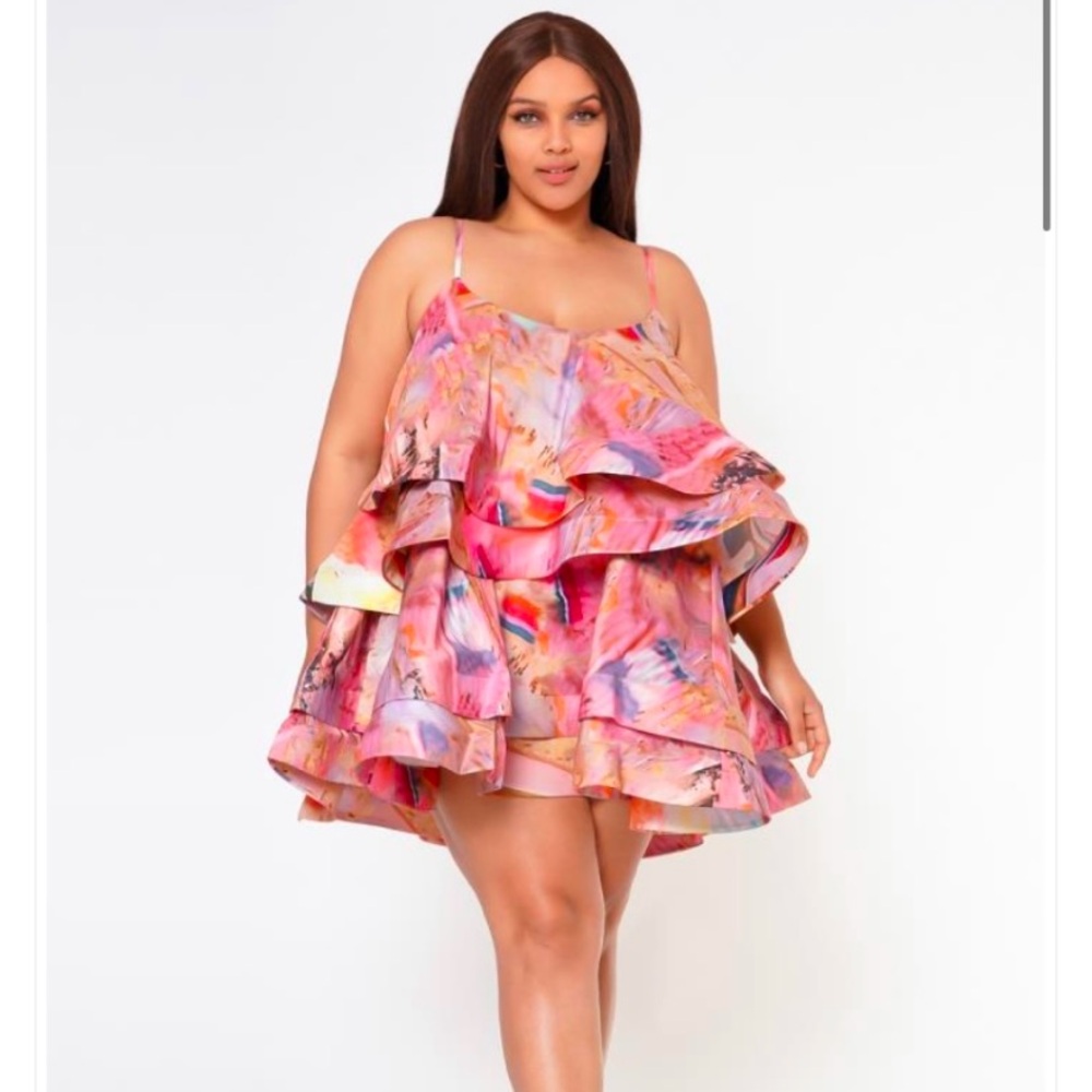 Plus Size Marble Print Ruffle Tiered Cami Mini Dress from ASOPH.